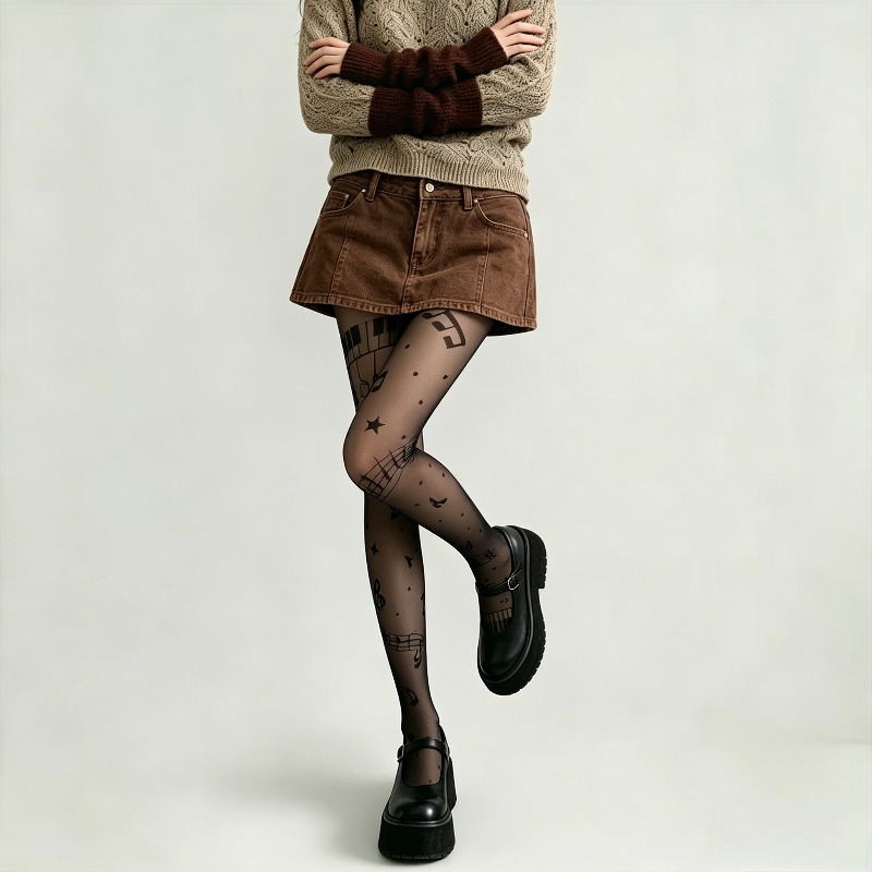 Y2K Musical Note Print Sheer P - Tights Pantyhose Sheer ulasan dan harga